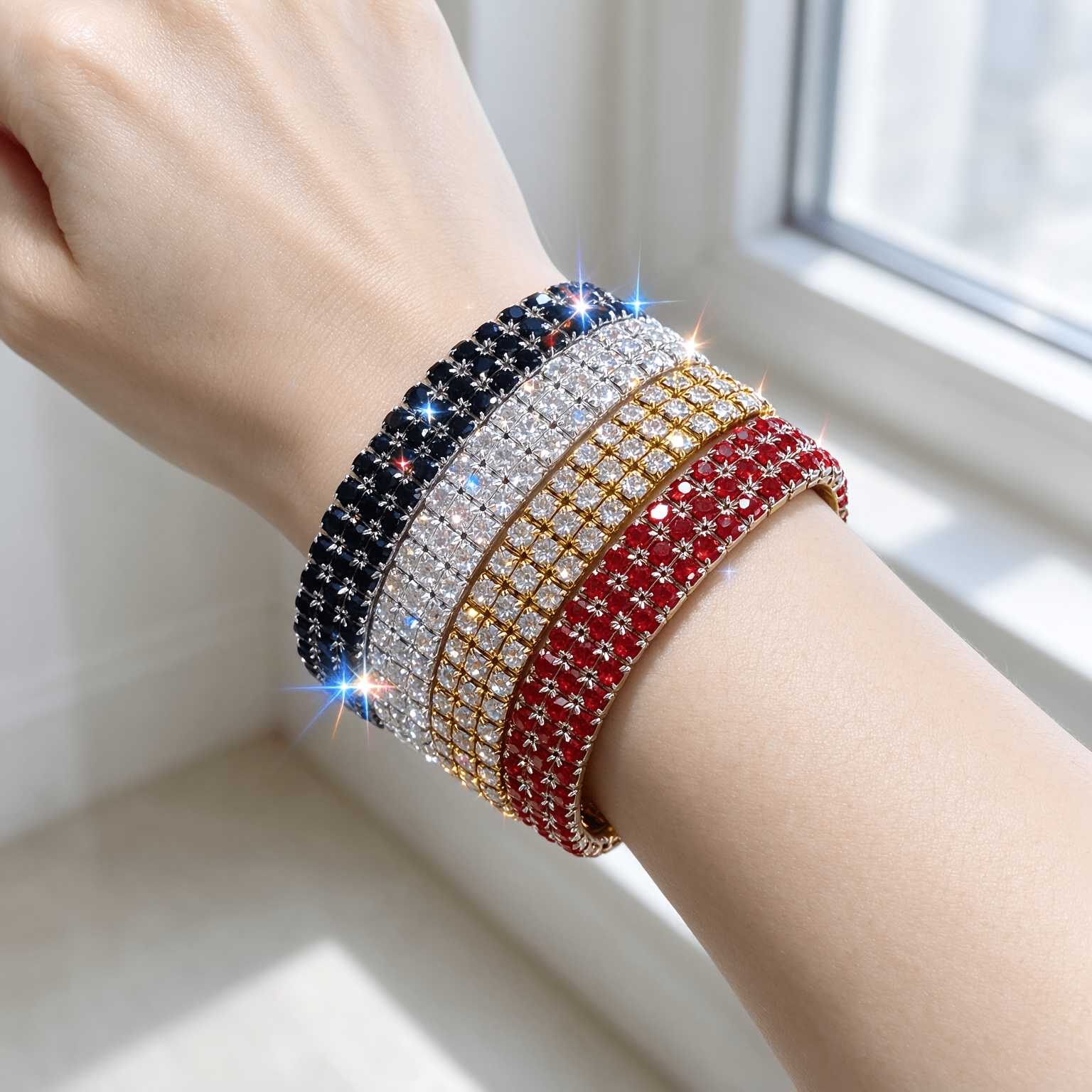 4pc Rhinestone Elastic Bangle 3-Row Bracelet Set